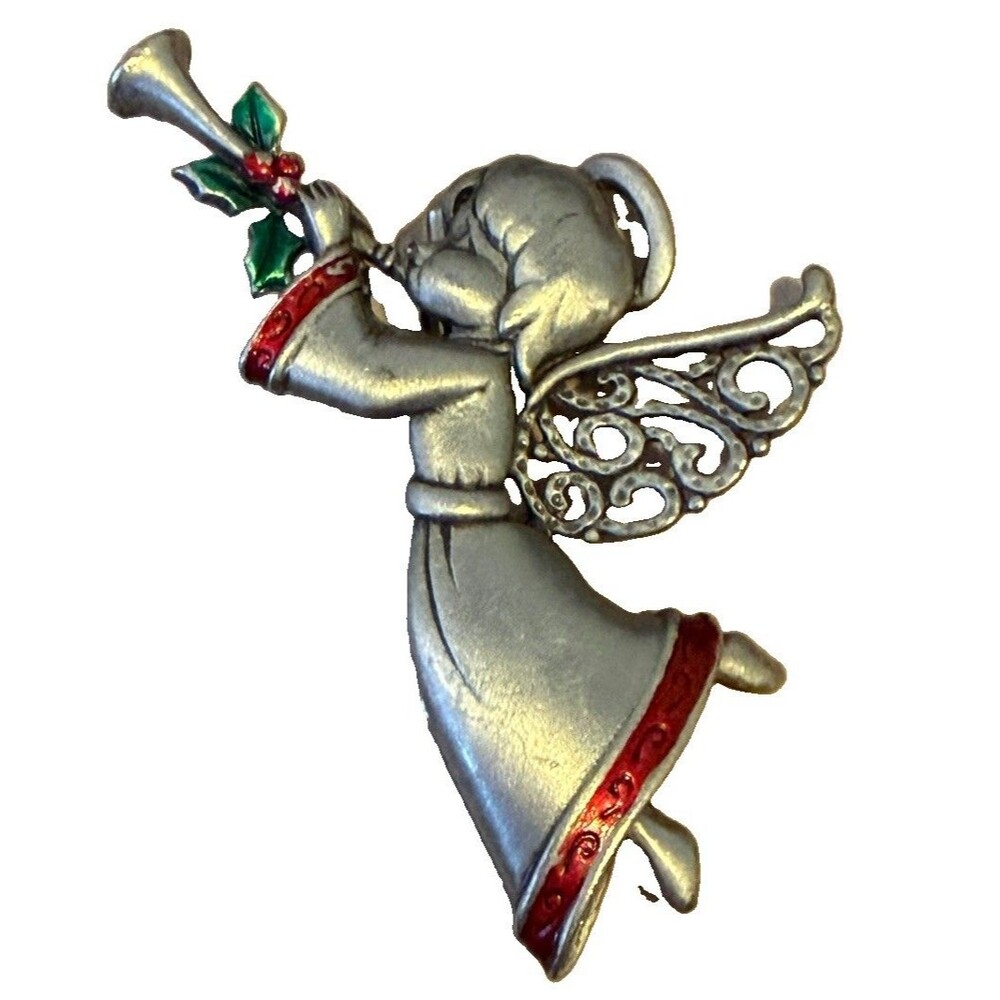 Vtg JJ Jonette Pewter Christmas Angel Trumpet Enamel Brooch Enamel Holly Pin 2"